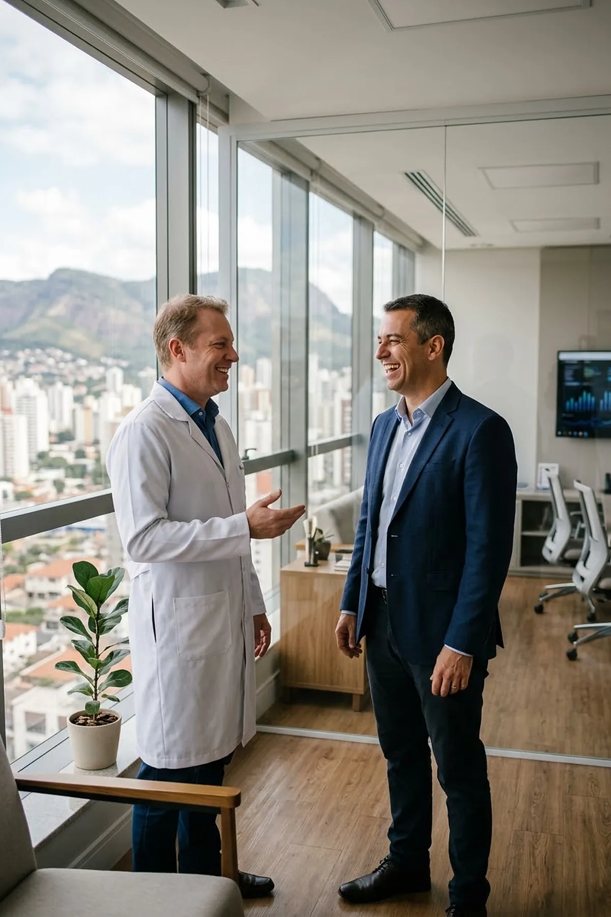 Médico e gestor conversam em escritório com vista para a Serra do Curral, em Belo Horizonte
